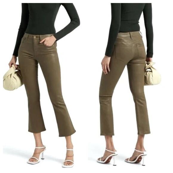 FRAME Le Crop Mini Boot 33 Bootcut High Rise Waisted Coated Denim Jeans Green - Picture 1 of 8